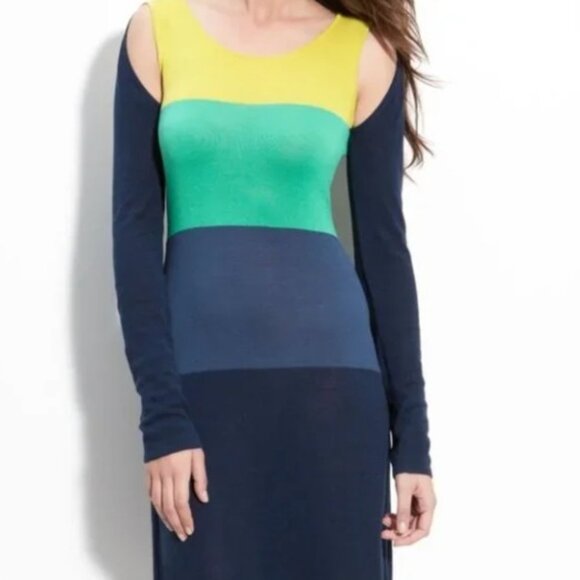 BCBGMAXAZRIA Nomia Silk Blend Color Block Cut Out Midi Dress Lightweight Knit - Picture 2 of 15